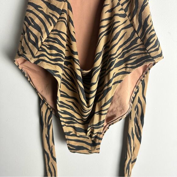 New Aerie Swimsuit Pique Zebra Animal Print Wrap One Piece Brown XXL - Picture 6 of 10